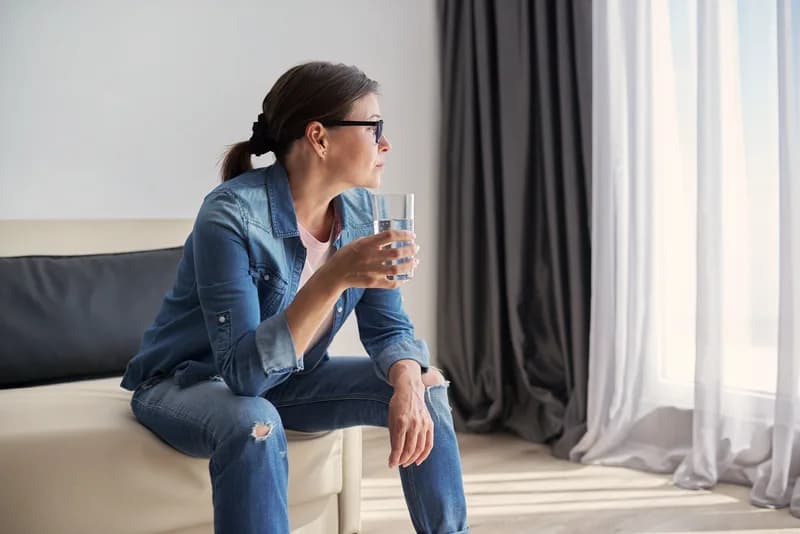 Mulher sentada segurando um copo d'água, ilustrando conteúdo sobre os sinais do diabetes.
